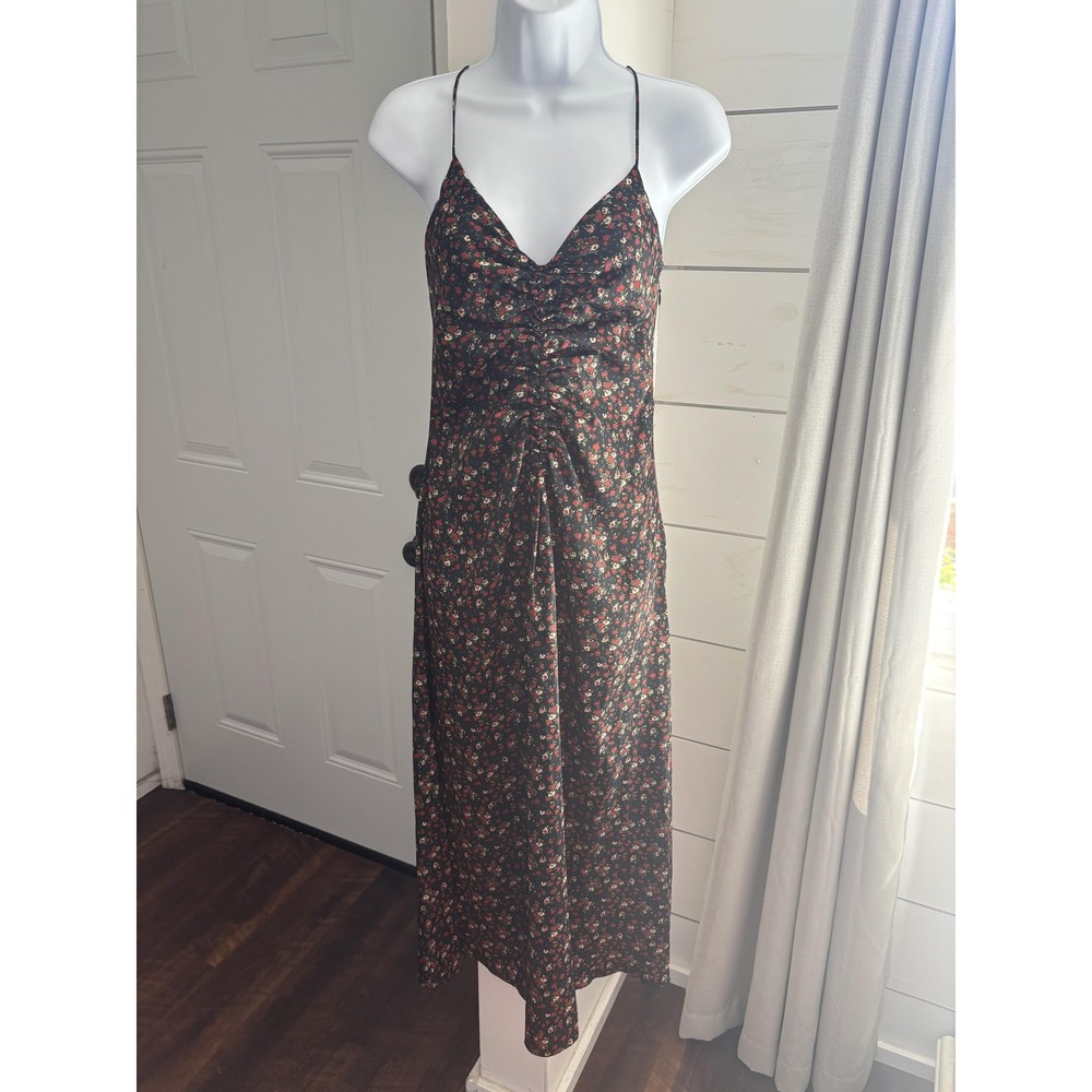 Sandro Dress Womens 34 Black Red Floral Midi Strappy‎ Open Back Ruched Slip
